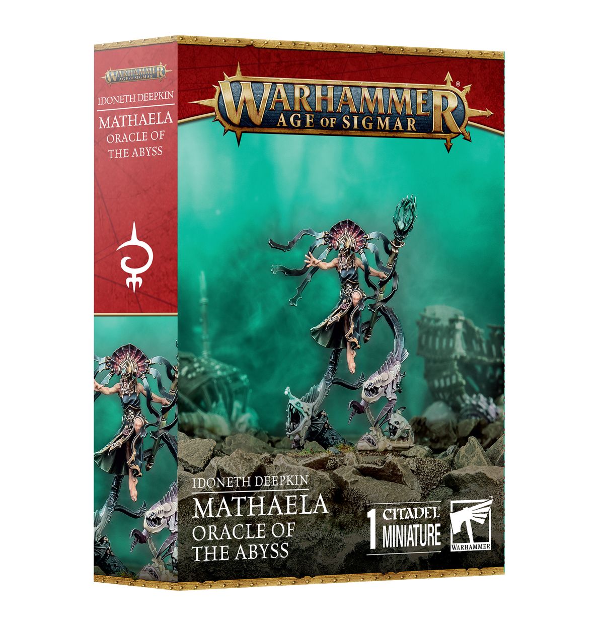 Warhammer Age of Sigmar: Mathaela, Oracle of the Abyss miniature box. Ornate female figure levitates holding a staff