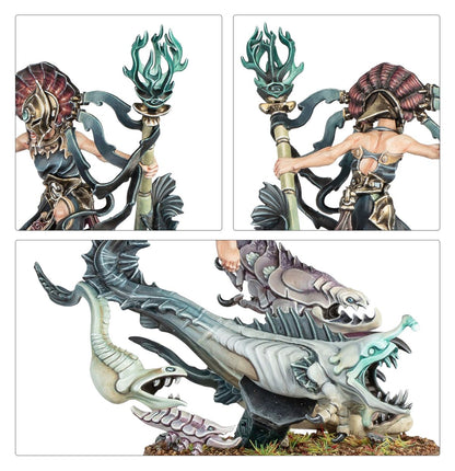 Painted fantasy miniature: an armored deep-sea warrior holds a staff, standing on a base of monstrous aquatic creatures