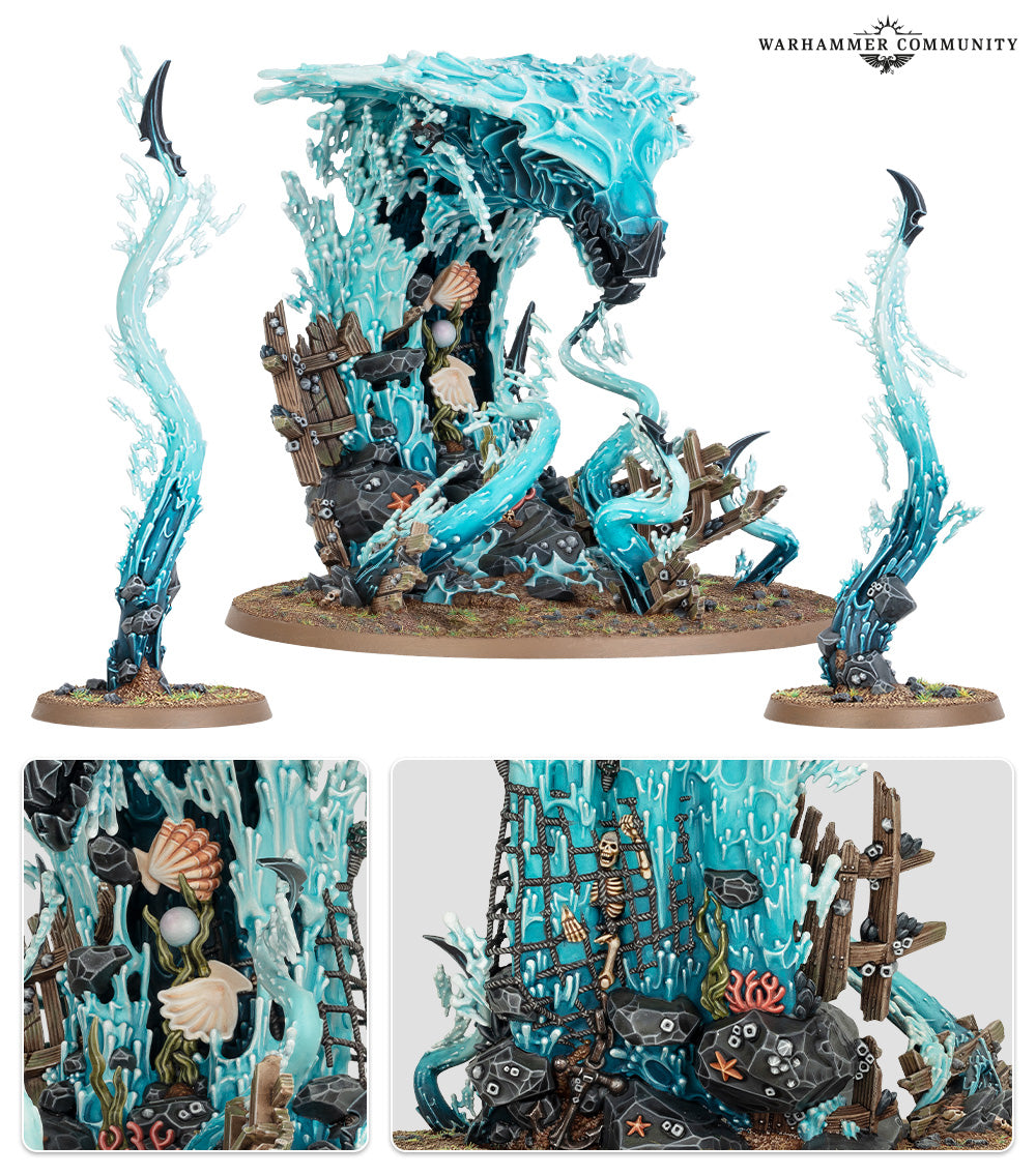 Warhammer miniature: A towering monster of swirling blue water, shipwreck debris, shells, and a skeleton