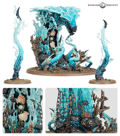 Warhammer miniature: A towering monster of swirling blue water, shipwreck debris, shells, and a skeleton