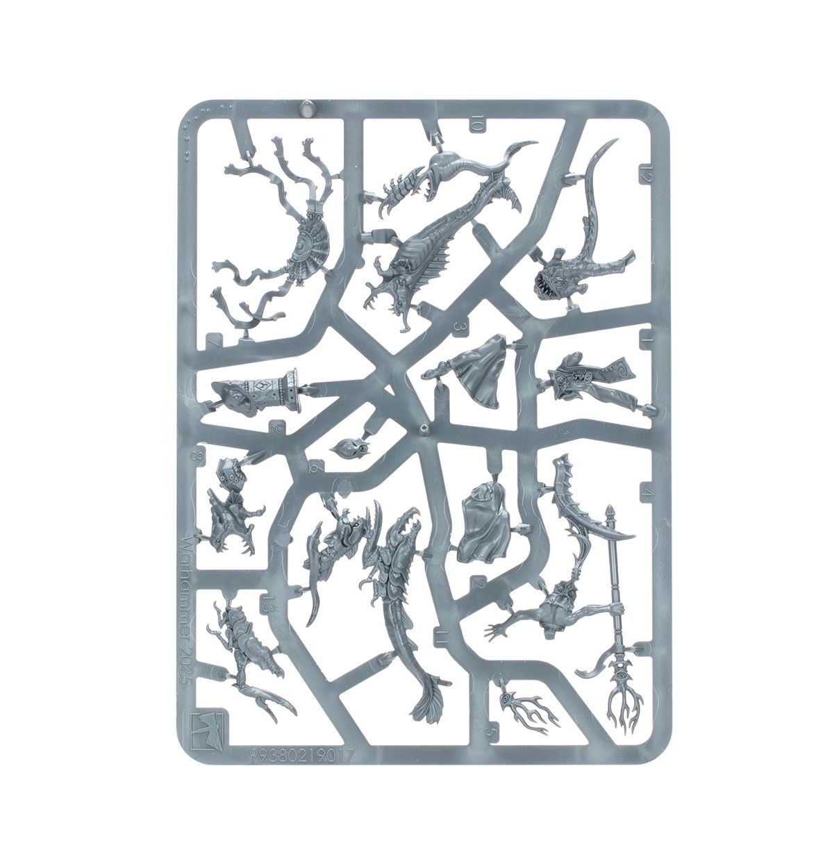 Grey plastic Warhammer model kit sprue with unbuilt parts for aquatic creatures and weapons