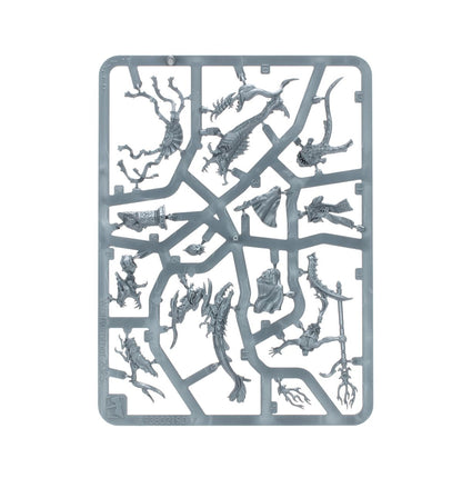 Grey plastic Warhammer model kit sprue with unbuilt parts for aquatic creatures and weapons