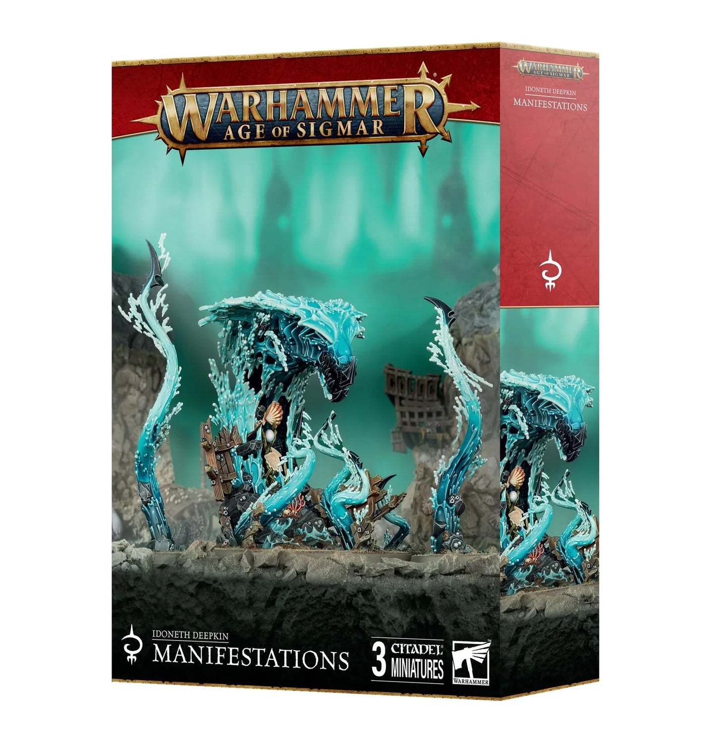 Warhammer Age of Sigmar: Manifestations miniature box, showing a female oracle with elaborate headwear and a glowing staff