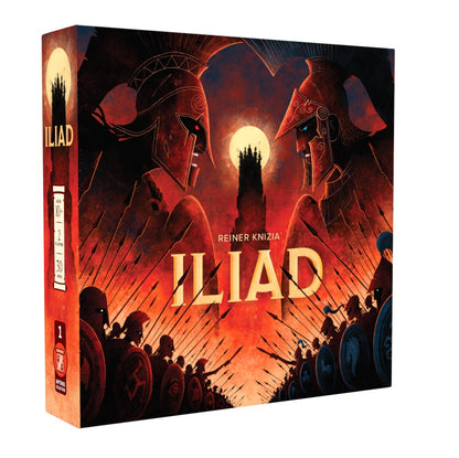 Iliad board game cover: two armored warriors face off, armies with spears below, against a fiery red sky