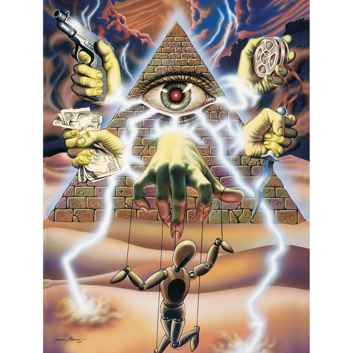 An Eye of Providence pyramid with lightning, surrounded by hands with gun, money, film and knife, manipulates a puppet