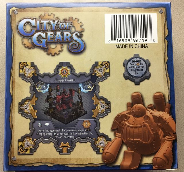 Box back for the City of Gears board game with Juggernaut tile and figure showing barcode and Made in China