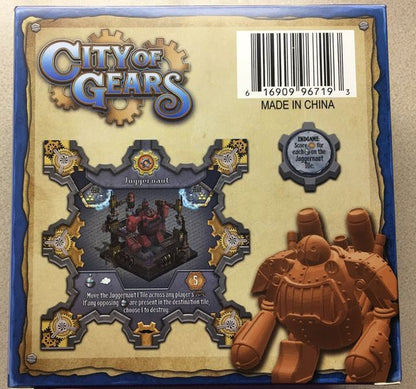 Box back for the City of Gears board game with Juggernaut tile and figure showing barcode and Made in China