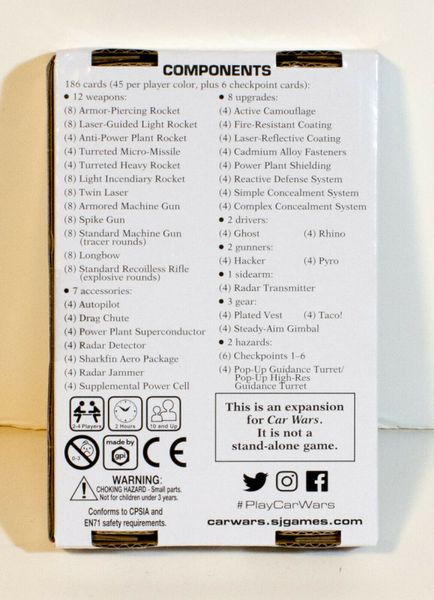 Components list for the Car Wars card game expansion including weapons upgrades accessories drivers gunners sidearms gear and hazards