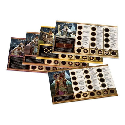 Multiple player mats for a board game with Egyptian gods Bastet Hathor Horus Thot and Seth