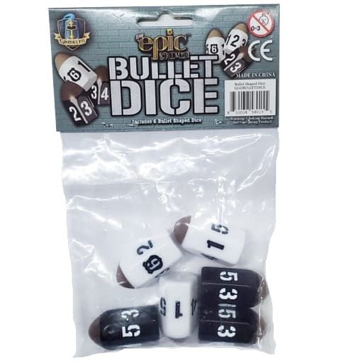 Epic Bullet Dice game with six bullet-shaped dice in a clear plastic bag