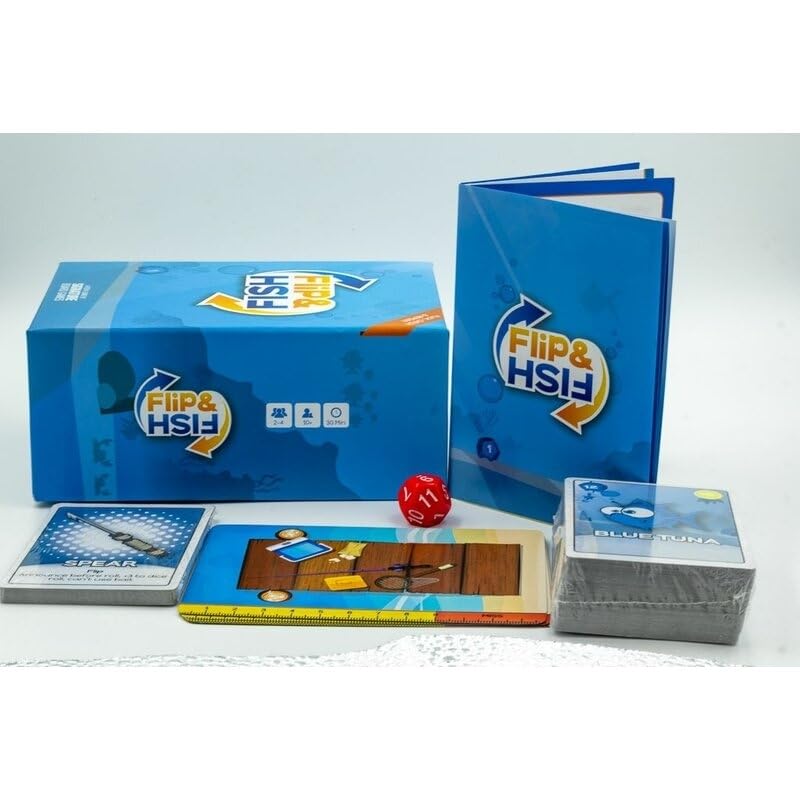 Flip Fish board game box rulebook game board dice and cards