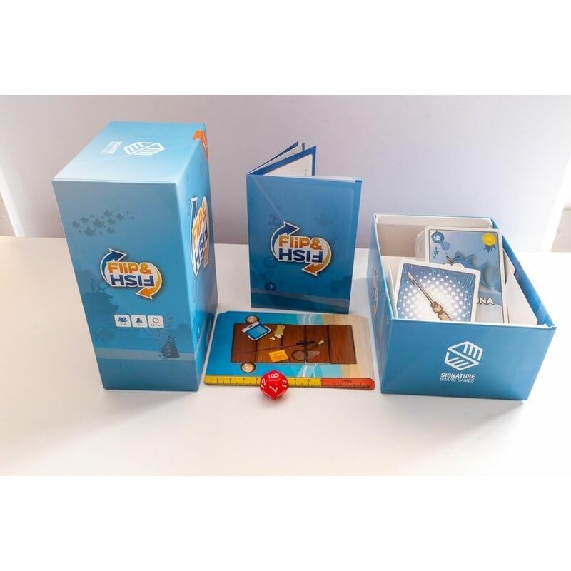 Blue Flip Fish board game box rulebook fishing mat cards and red dice