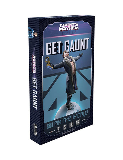 Agents of Mayhem Get Gaunt expansion box featuring a man in a black coat standing on a globe