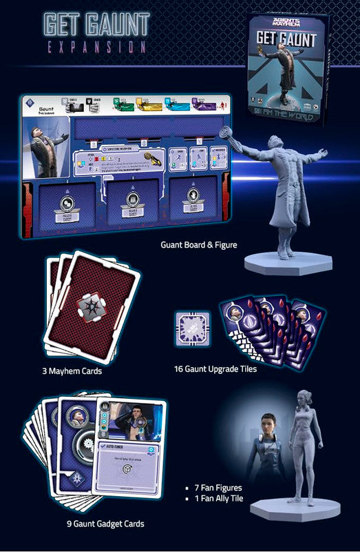 Get Gaunt Expansion board game featuring a figure upgrade tiles and various game cards