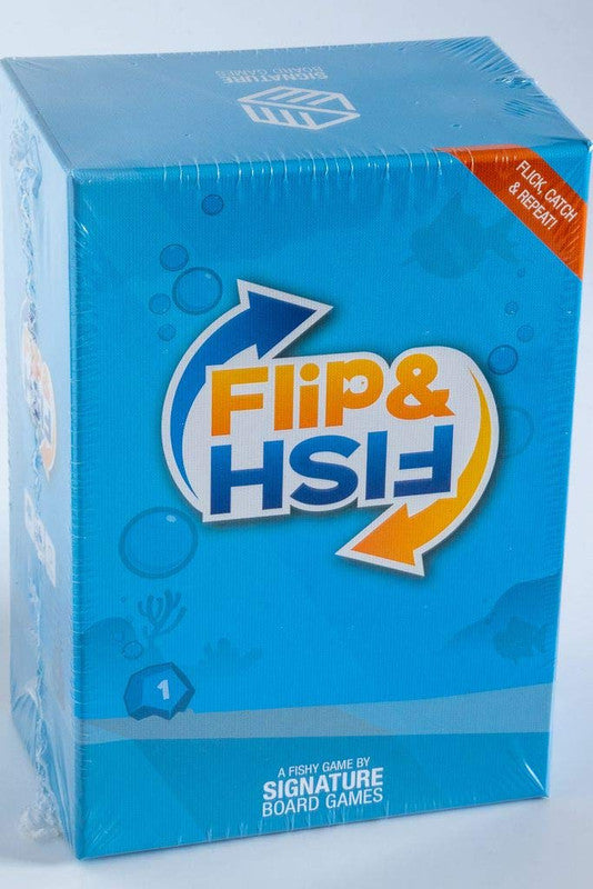 Flip Fish board game new in shrink wrap featuring blue box with orange Flick Catch Repeat corner label