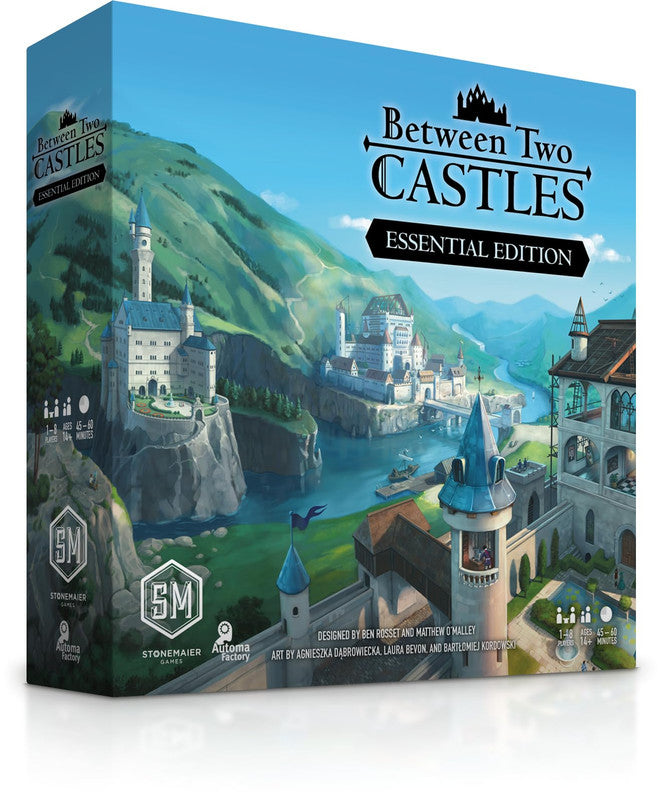 Between Two Castles board game box with illustration of castles rivers and mountains