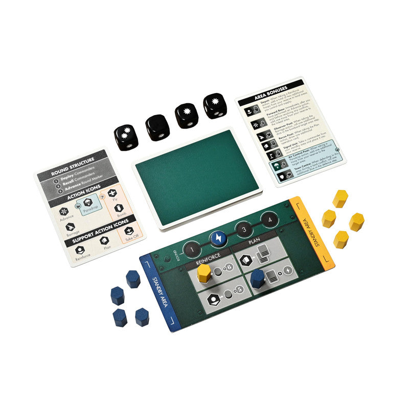 Board game components including cards dice and wooden tokens on a white background