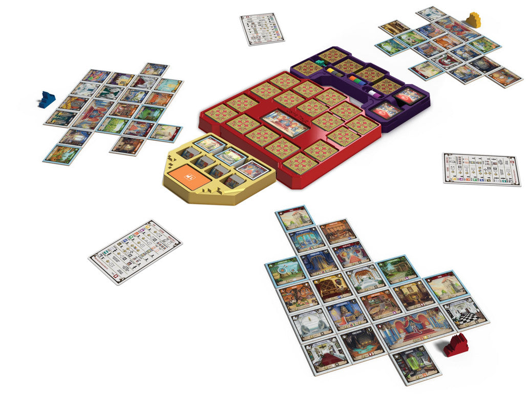 Components for the board game Castles of Mad King Ludwig laid out including cards player tokens and storage inserts
