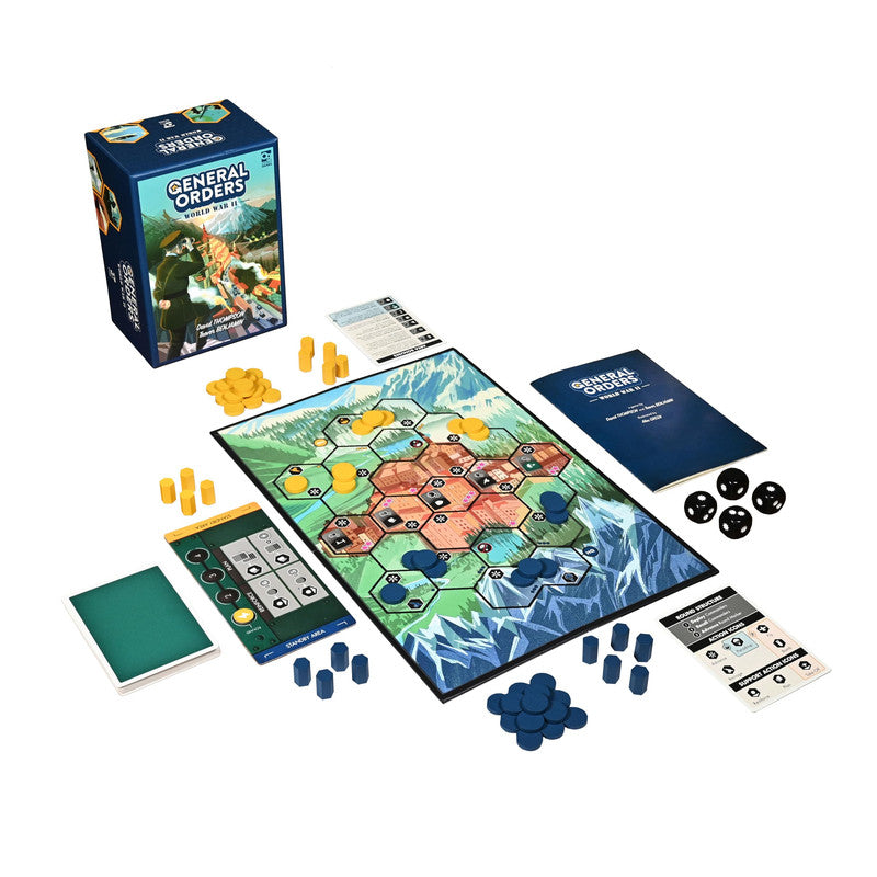 General Orders World War II board game setup on a white background with game box rulebook game board and pieces