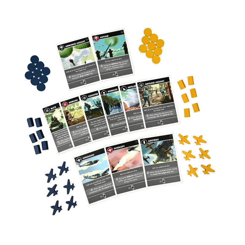 Assorted yellow and blue tabletop game pieces including round tokens hexagonal pieces and stylized airplanes