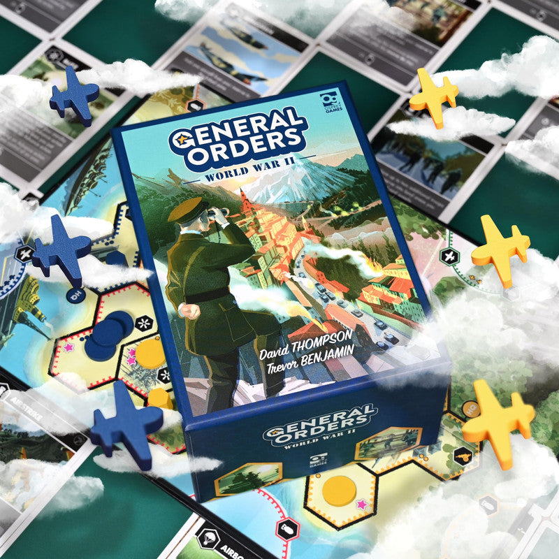 General Orders World War II board game box featuring military commander overlooking town with game components surrounding