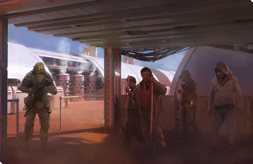 An armored soldier holding a rifle stands guard as three figures walk under a futuristic overhang. Dusty sci-fi colony background