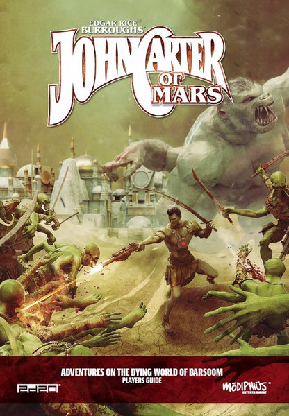John Carter of Mars Player's Guide cover: John Carter battles green aliens with a blaster and sword, as a giant ape and city loom on Mars