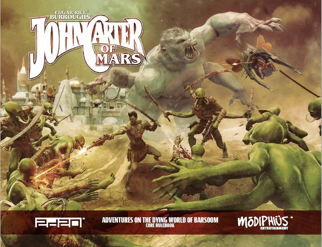 John Carter of Mars RPG core rulebook cover: Hero with sword and ray gun battles green aliens amidst a giant ape attacking a flying craft in a desert city