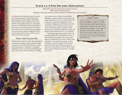 Fantasy combat scene: Hooded assailants abduct a man while a woman gestures defensively