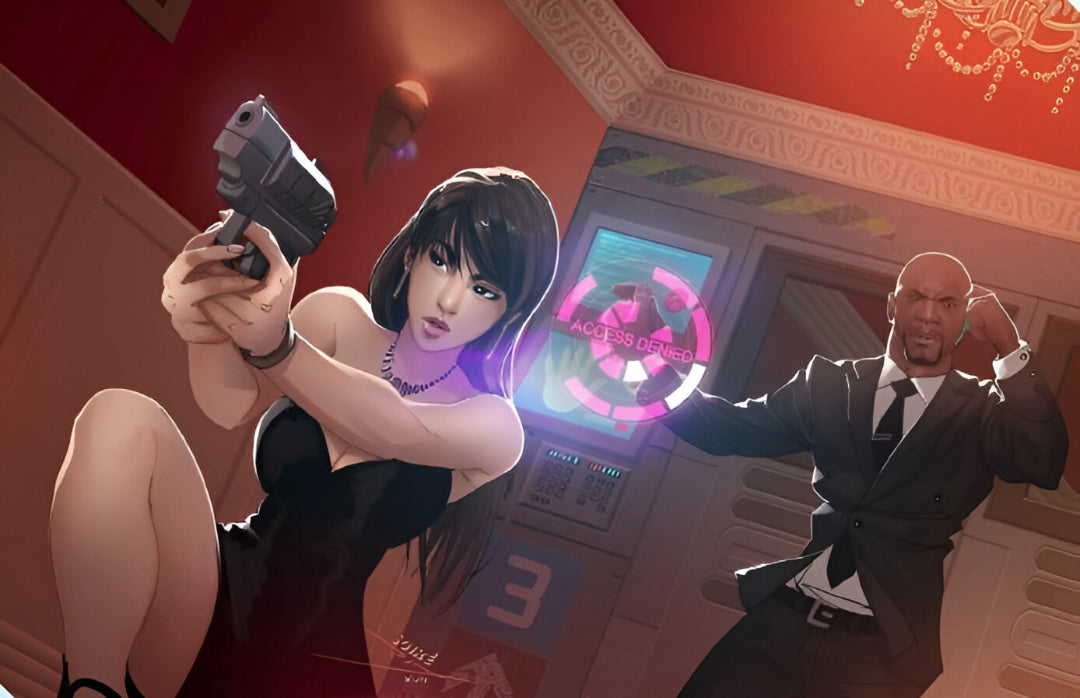 A woman in a black dress aims a pistol, while a man in a suit reacts to a glowing "ACCESS DENIED" screen