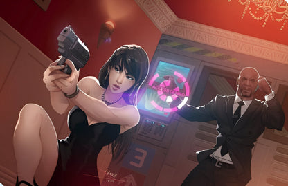 A woman in a black dress aims a pistol, while a man in a suit reacts to a glowing "ACCESS DENIED" screen