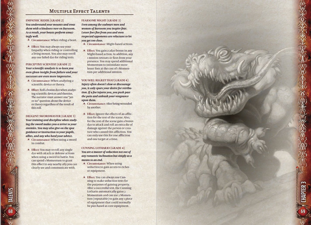 A book page. Left: text. Right: A grey, snarling monster with a wide-open, toothy mouth and a long, flicking tongue