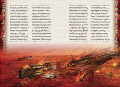 Ornate Martian airships, one large and flaming, fly over a red, barren landscape with smaller craft