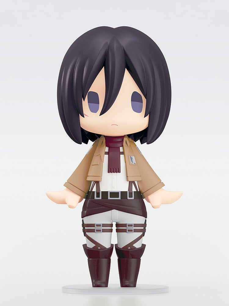 A full-body Nendoroid-style figure of Mikasa Ackerman in her brown Survey Corps uniform and red scarf