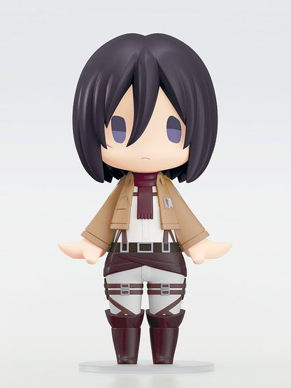A full-body Nendoroid-style figure of Mikasa Ackerman in her brown Survey Corps uniform and red scarf