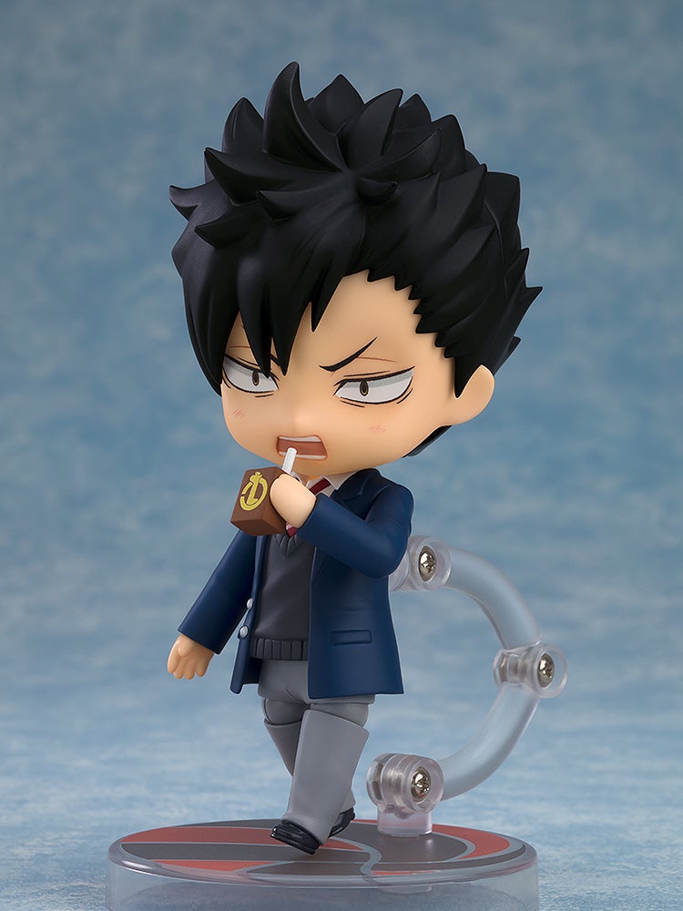 Good Smile Company Haikyu Nendoroid Tetsuro Kuroo school uniform figure holding a brown milk carton with a gold design standing with a determined expression