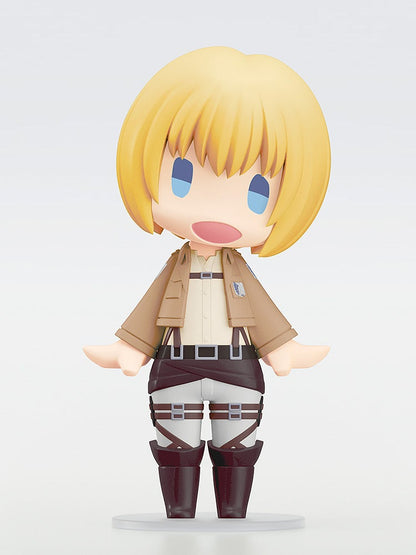 Nendoroid figure of Armin Arlert in Survey Corps uniform, with a surprised expression, open mouth, and open hands