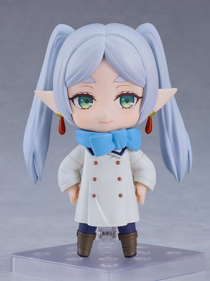 Frieren Beyond Journeys End Nendoroid Frieren in Winter Clothes light blue twin ponytails white coat with brown buttons blue scarf and elf ears