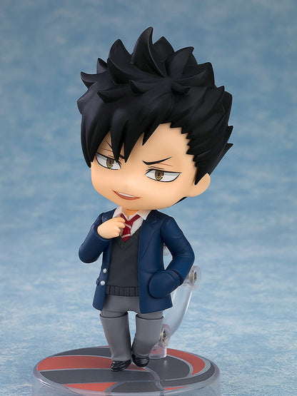 Haikyu Nendoroid Tetsuro Kuroo school uniform version figure adjusting his red and white tie against a light blue background