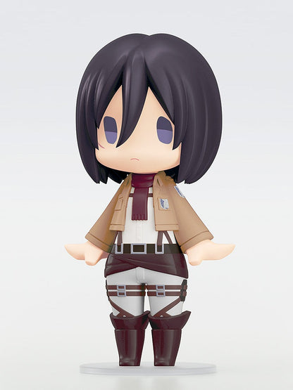 A Nendoroid-style figure of Mikasa Ackerman, dressed in her Survey Corps uniform with a burgundy scarf, standing against a white background