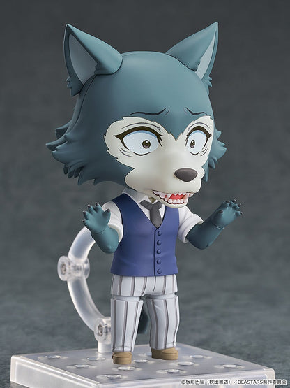 Nendoroid figure of Legoshi from Beastars, a blue-grey wolf in a vest, with wide, startled eyes, baring fangs, hands raised