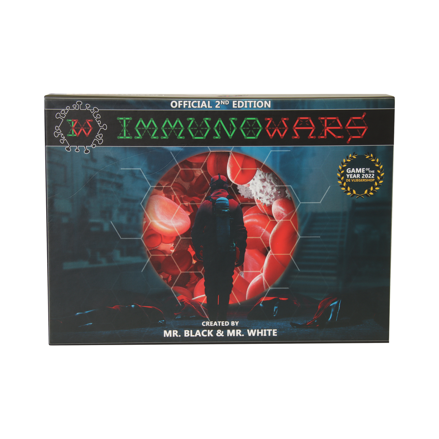 IMMUNOWARS 2nd Ed. board game box cover shows figure facing blood cell portal, fallen bodies, Game of the Year 2022 award