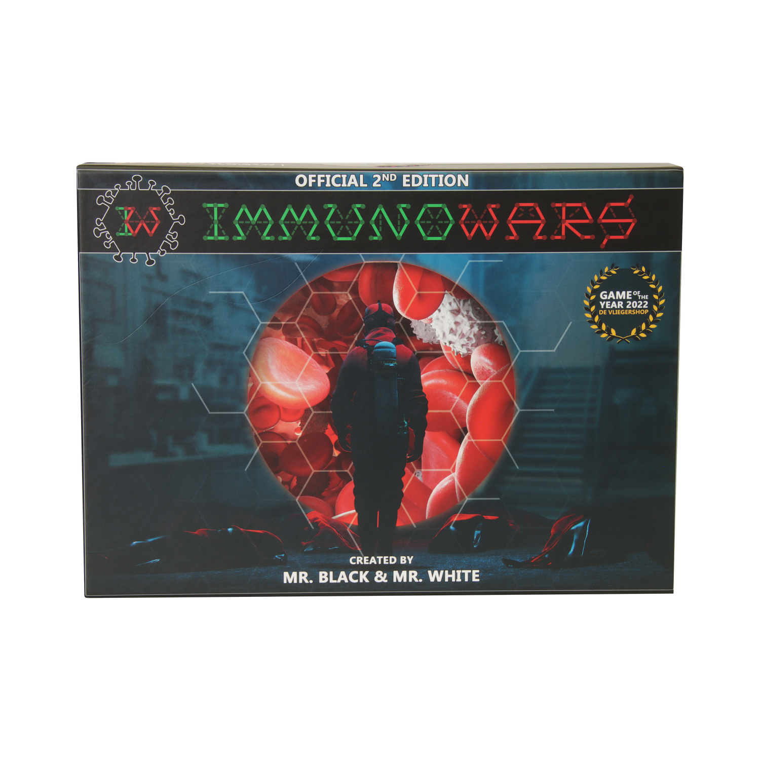 IMMUNOWARS 2nd Ed. board game box cover shows figure facing blood cell portal, fallen bodies, Game of the Year 2022 award