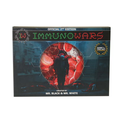 IMMUNOWARS 2nd Ed. board game box cover shows figure facing blood cell portal, fallen bodies, Game of the Year 2022 award