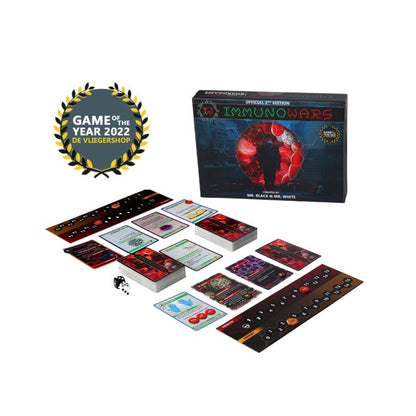 Immunowars board game box, cards, tracks and dice laid out, Awarded "Game of the Year 2022"