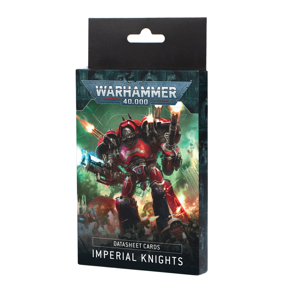 Warhammer 40K Imperial Knights Datasheet Cards product box, featuring a firing red battle mech