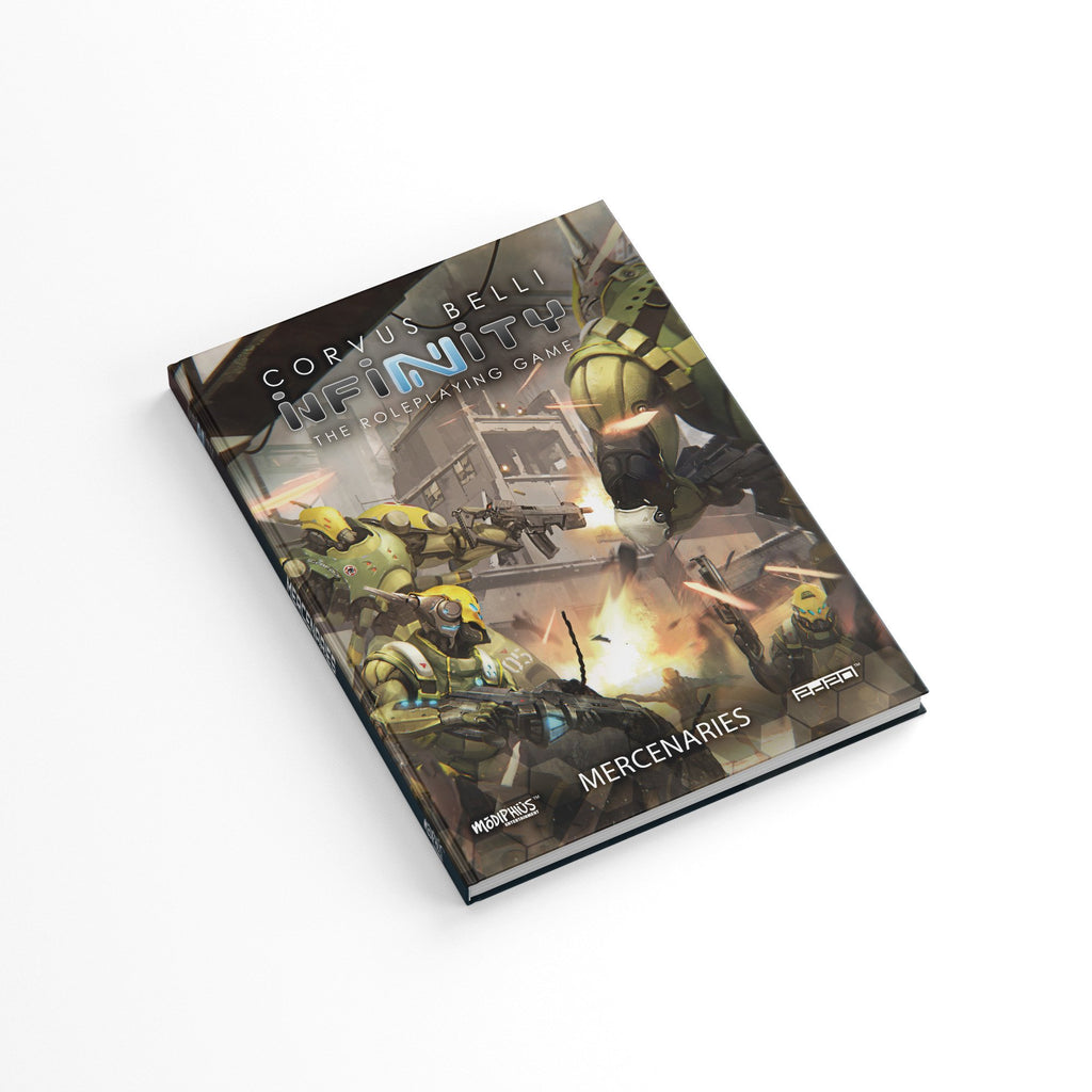 Infinity RPG War Market The Mercenaries Sourcebook cover, depicting armored sci-fi soldiers in a chaotic urban firefight with explosions