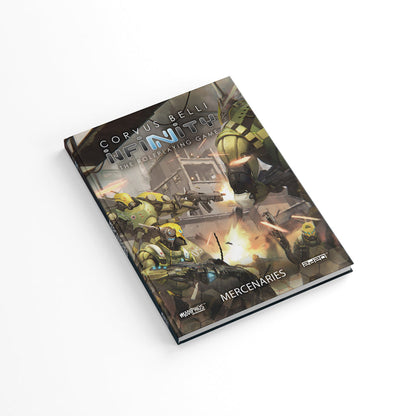 Infinity RPG War Market The Mercenaries Sourcebook cover, depicting armored sci-fi soldiers in a chaotic urban firefight with explosions