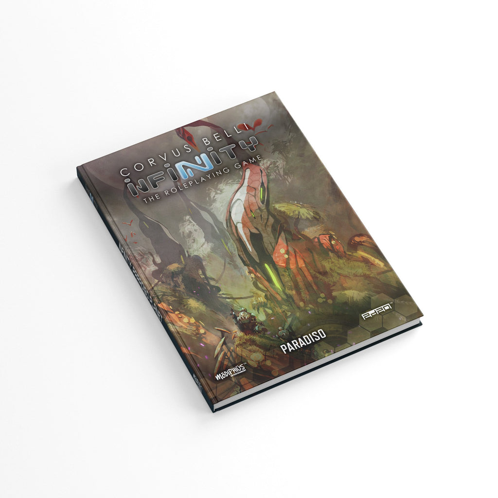 Hardcover book, 'Infinity The Roleplaying Game: Paradiso.' Cover features a large red sci-fi creature battling in a dark alien jungle