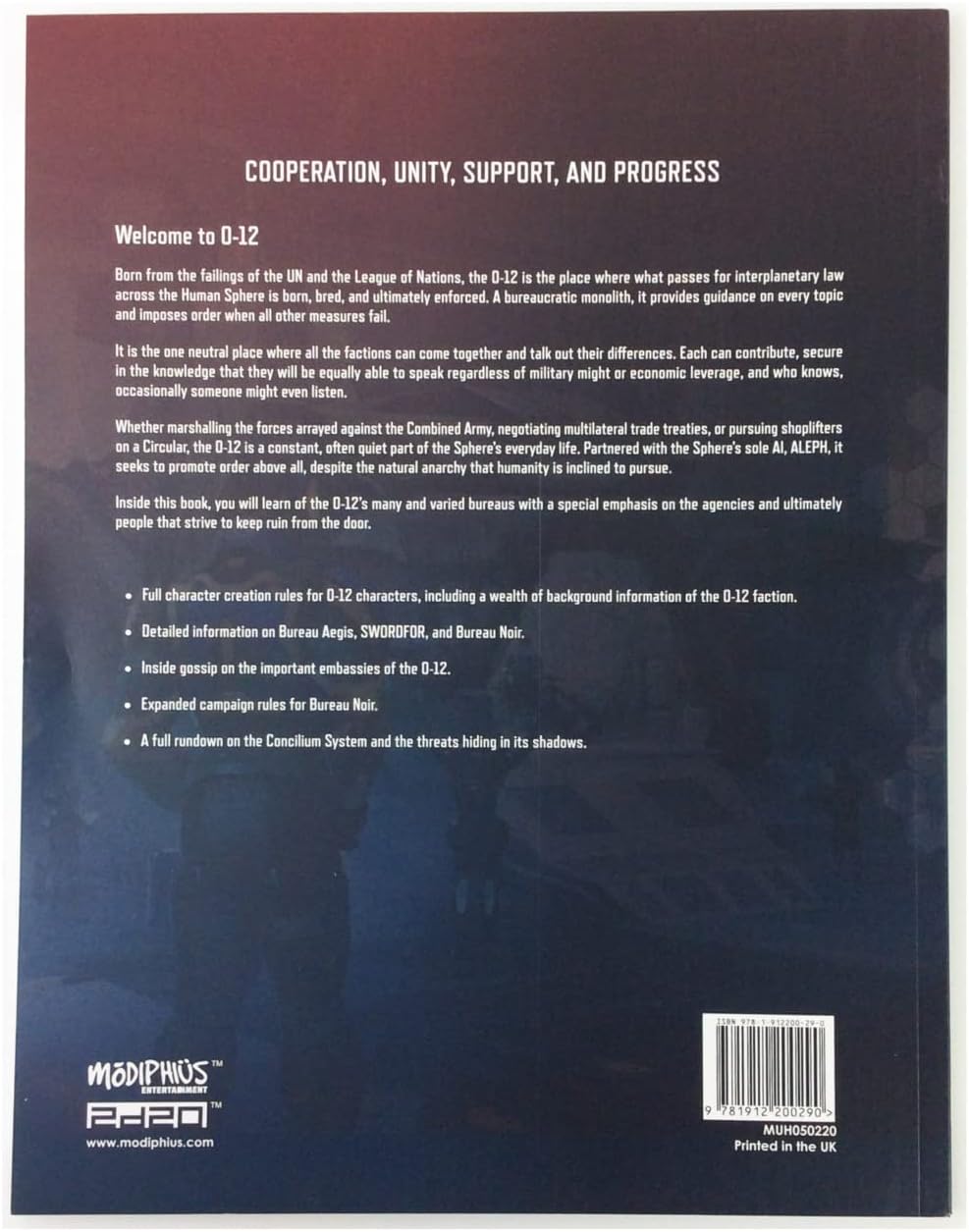 Dark tabletop sourcebook back cover with white text: "Cooperation, Unity, Support, and Progress", outlining O-12 faction rules
